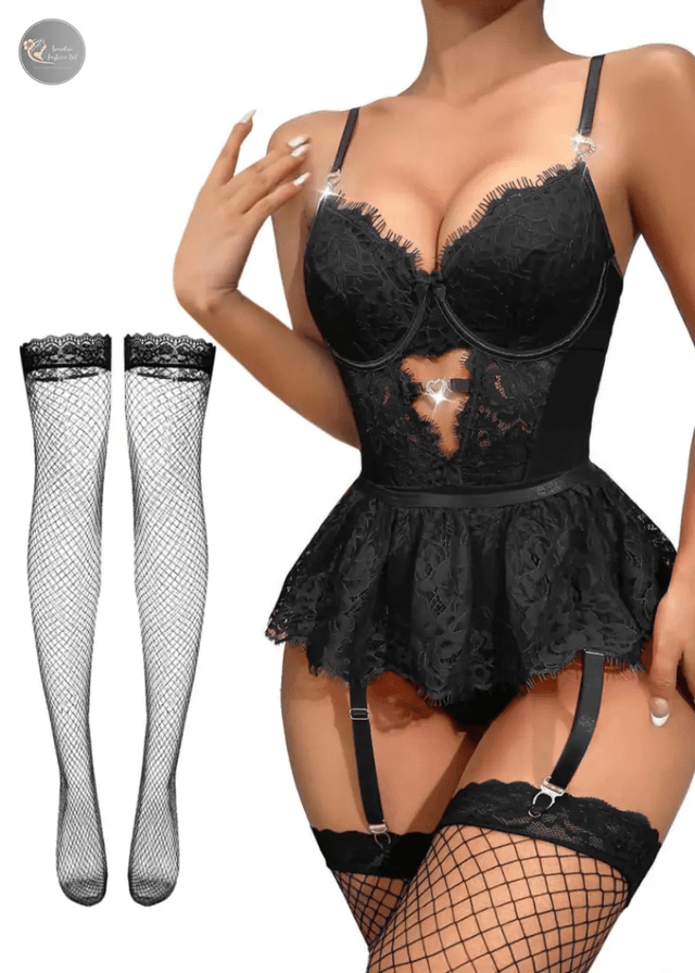 Sexy Crotchless Lingerie Women Lace Hollow Bodysuit Exotic Pajamas Teddy Babydoll Dress Deep V Open Bra Porno Underwear Set_img_6