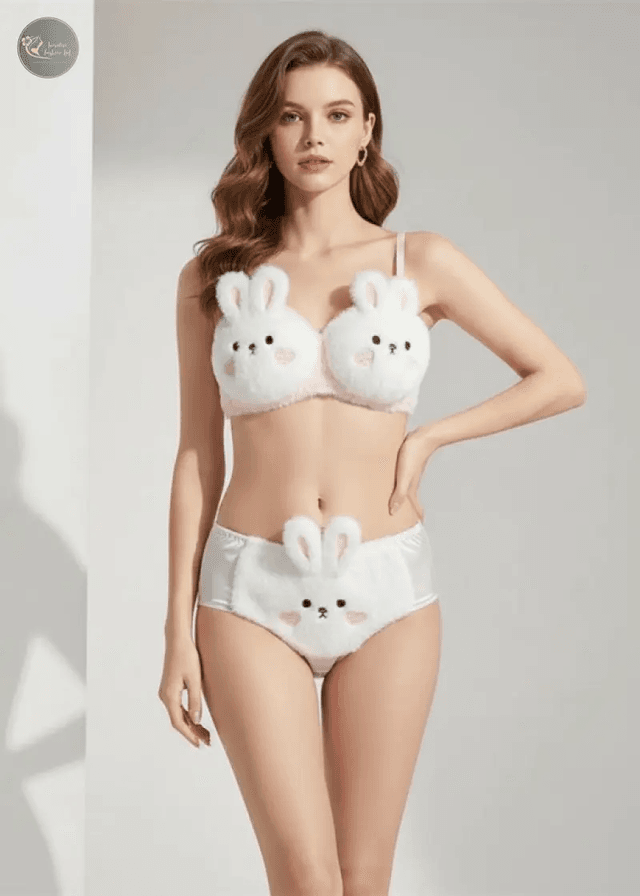 Japan Kawaii Plush Women Bra Briefs Cute Girl Cat Bunny Comfortable Bra Set Cartoon Underwear Lovely Soft Warm Student Lingerie_img_0