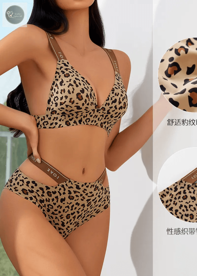 Sexy leopard print babes european and american plus size lingerie set female letter strap seamless ice silk no underwire bra for_img_0