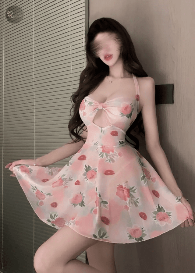 Cute Floral Print Chemise Halter Neck Backless Nightwear Sweet Yet Sexy Pajamas for Women_img_4