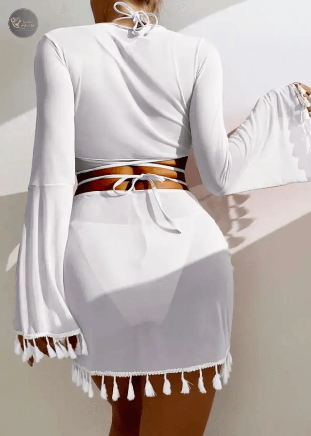 Four-Piece Set Exotic Style Tassel Women's Bikini High Waist Solid Color Beach Sun Protection swimsuit cover_img_1