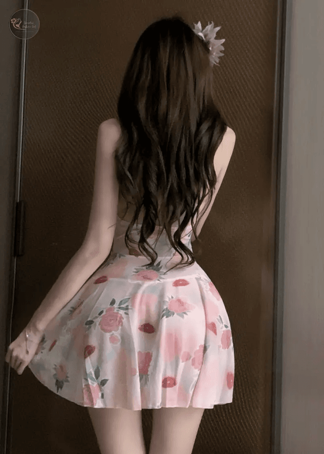 Cute Floral Print Chemise Halter Neck Backless Nightwear Sweet Yet Sexy Pajamas for Women_img_3