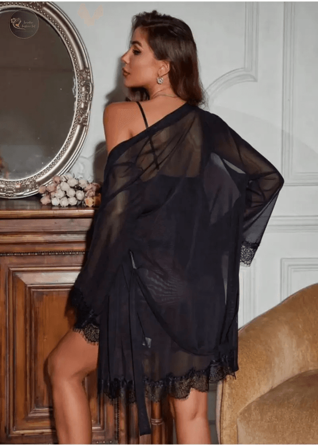 High Quality Sexy Lace Transparent Sleepwear Mesh 3 Pieces See-Through Sexy Lingerie Set Women Pajamas Set_img_4