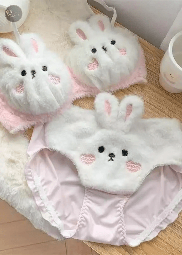 Japan Kawaii Plush Women Bra Briefs Cute Girl Cat Bunny Comfortable Bra Set Cartoon Underwear Lovely Soft Warm Student Lingerie_img_2