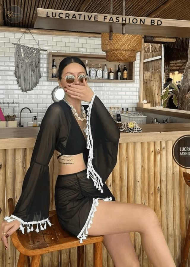 Four-Piece Set Exotic Style Tassel Women's Bikini High Waist Solid Color Beach Sun Protection swimsuit cover_img_3