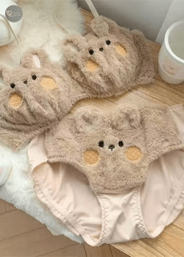 Japan Kawaii Plush Women Bra Briefs Cute Girl Cat Bunny Comfortable Bra Set Cartoon Underwear Lovely Soft Warm Student Lingerie_img_3