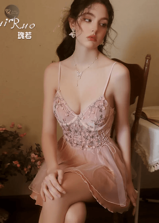 Petal-Embroidered Backless Women Sexy Lingerie Nightdress Lace Nightgown Ladies Home Clothing Underwear_img_4