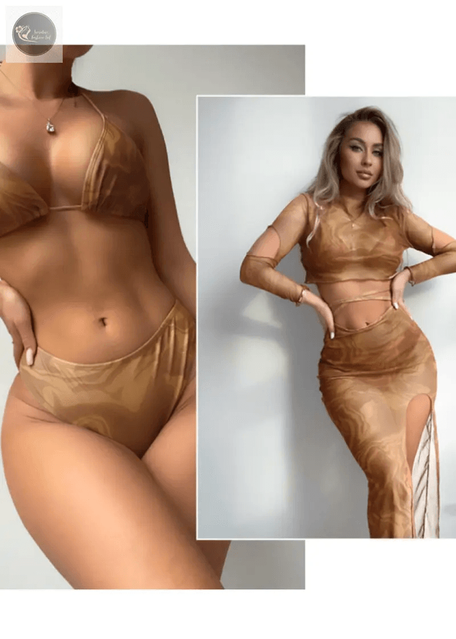 New Summer Women's Sexy Solid Color Long Sleeved Skirt Style Outer Shirt Split Bikini Swimsuit Set_img_5