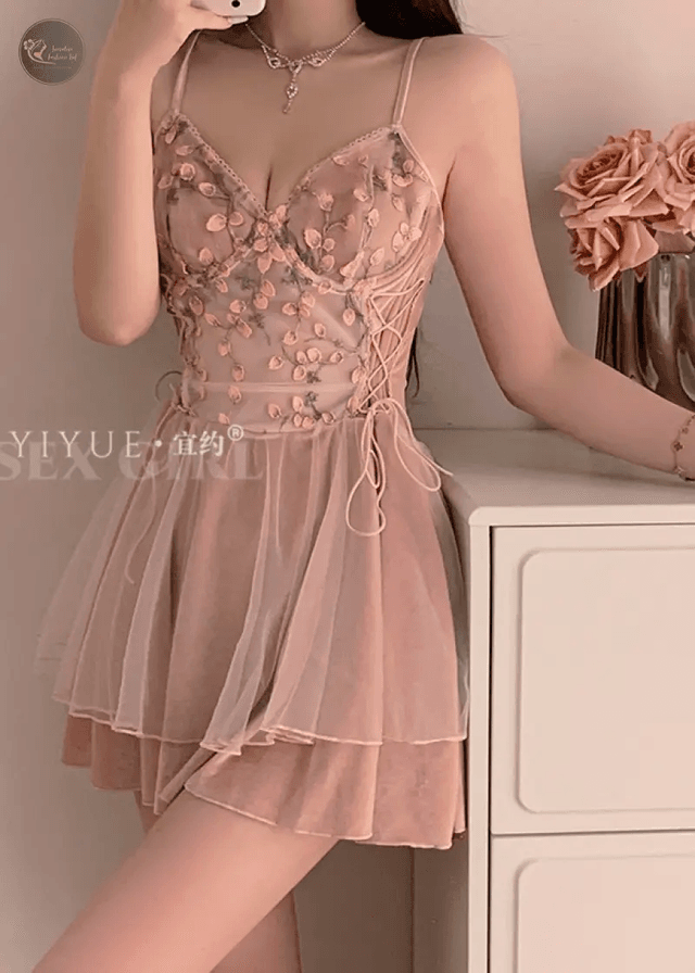 Petal-Embroidered Backless Women Sexy Lingerie Nightdress Lace Nightgown Ladies Home Clothing Underwear_img_3
