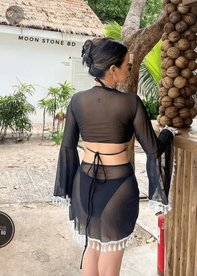 Four-Piece Set Exotic Style Tassel Women's Bikini High Waist Solid Color Beach Sun Protection swimsuit cover_img_7