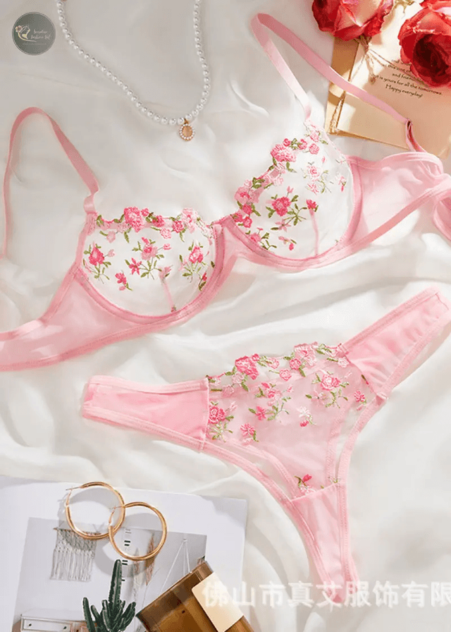 Transperant Lingerie Set Women Mesh Net Sexi Lenceria Sensual Mujer Bra Sets Embroidery Floral Underwired_img_8