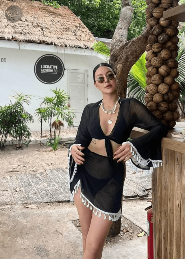 Four-Piece Set Exotic Style Tassel Women's Bikini High Waist Solid Color Beach Sun Protection swimsuit cover_img_12