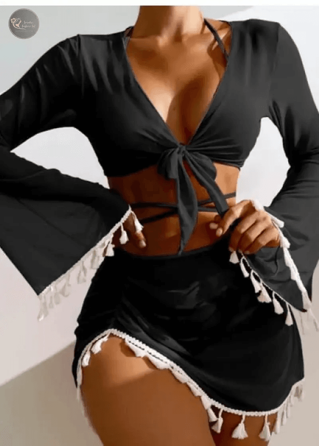 Four-Piece Set Exotic Style Tassel Women's Bikini High Waist Solid Color Beach Sun Protection swimsuit cover_img_14