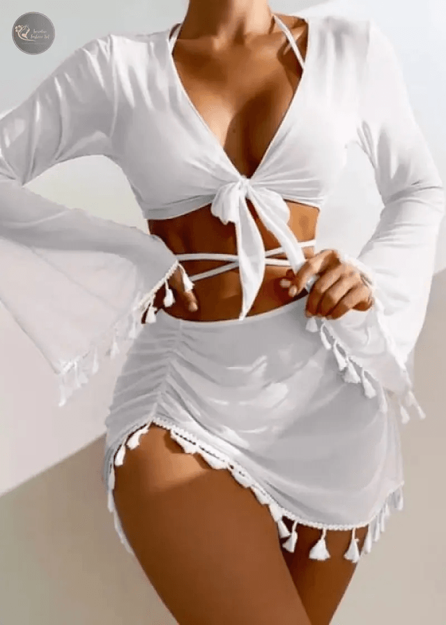 Four-Piece Set Exotic Style Tassel Women's Bikini High Waist Solid Color Beach Sun Protection swimsuit cover_img_15