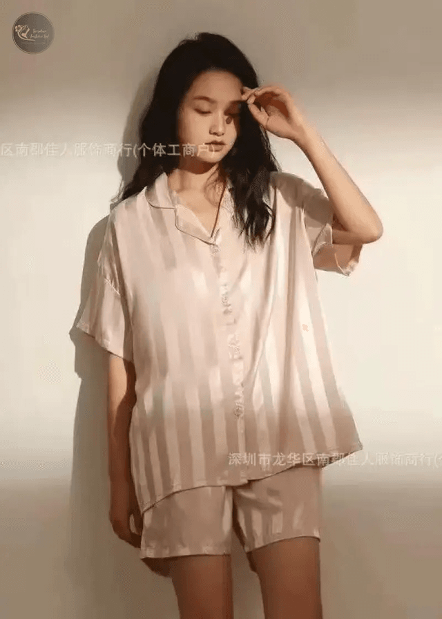 1 Set Women's Elegant Lounge Set, Plus Size Satin Striped Button Up Long Sleeve Shirt & Pants Pajamas_img_4