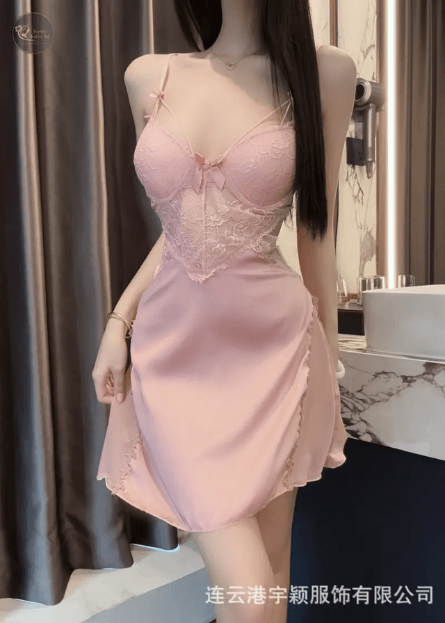 Romantic Lace Satin Nightgown - Lace Nightie Sex Clothes Nightdress With Bow Detail_img_3