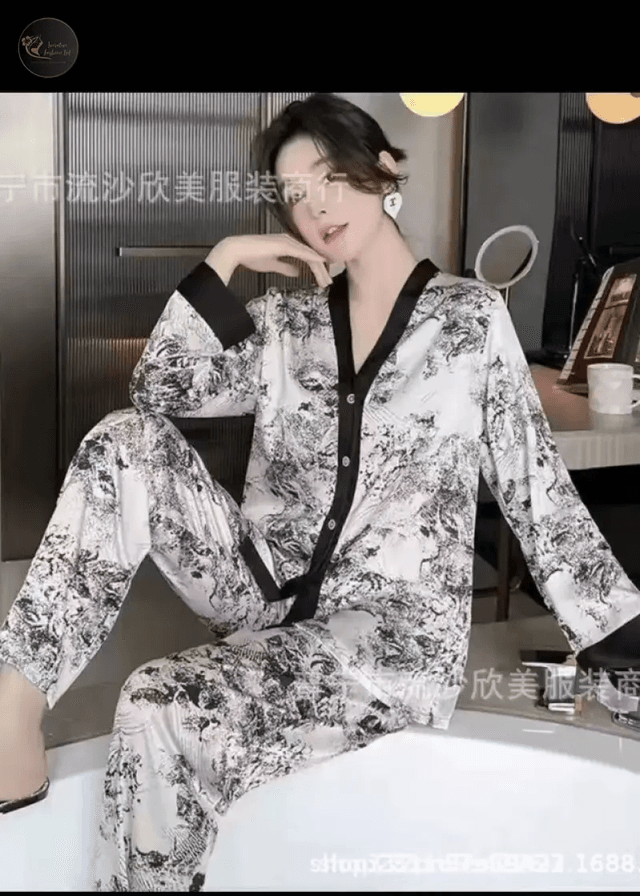 2025 Satin Silk Pajamas Set Women Cartoon Printed Full Sleeve Sleepwear Pijamas Suit Homewear 2 Pieces Loungewear Pjs Plus Size_img_3