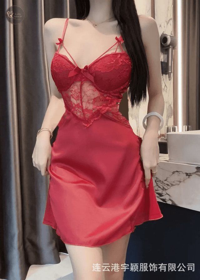 Romantic Lace Satin Nightgown - Lace Nightie Sex Clothes Nightdress With Bow Detail_img_4