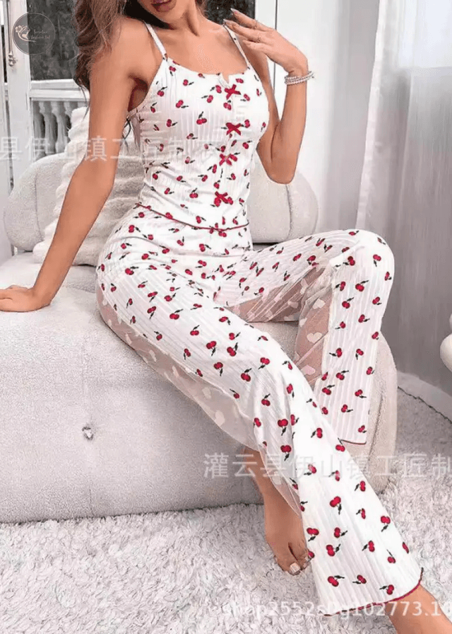 2 Pcs/Set Women Vest Pants Suit Bow Heart Print Shirring Edge Top Mesh Trousers Homewear Sleepwear Outfit Summer Loungewear_img_3