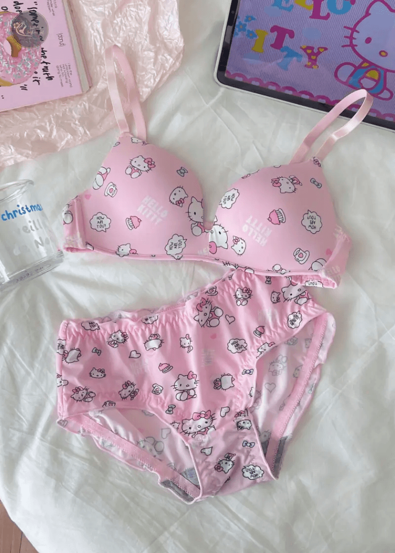 Sanrio Cartoon Character Hello Kitty Wireless Underwear Woman Cute Small Breast Push Up Comfortable Bra Panties Set Girls Gift