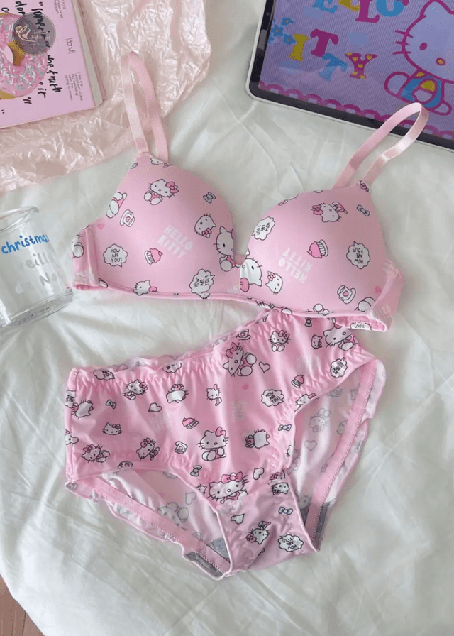 Sanrio Cartoon Character Hello Kitty Wireless Underwear Woman Cute Small Breast Push Up Comfortable Bra Panties Set Girls Gift_img_0