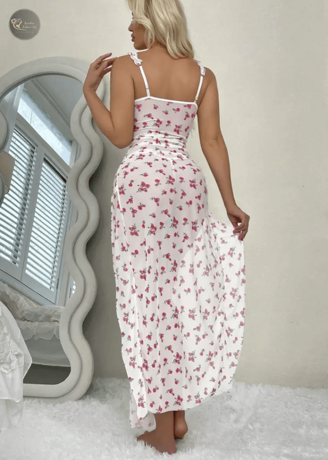 Women Casual Nightgown Sexy Sleeveless V-neck Split Lace Trimmed Hem Floral Sheer Nightdress Female Sleeping Dress Homewear_img_1