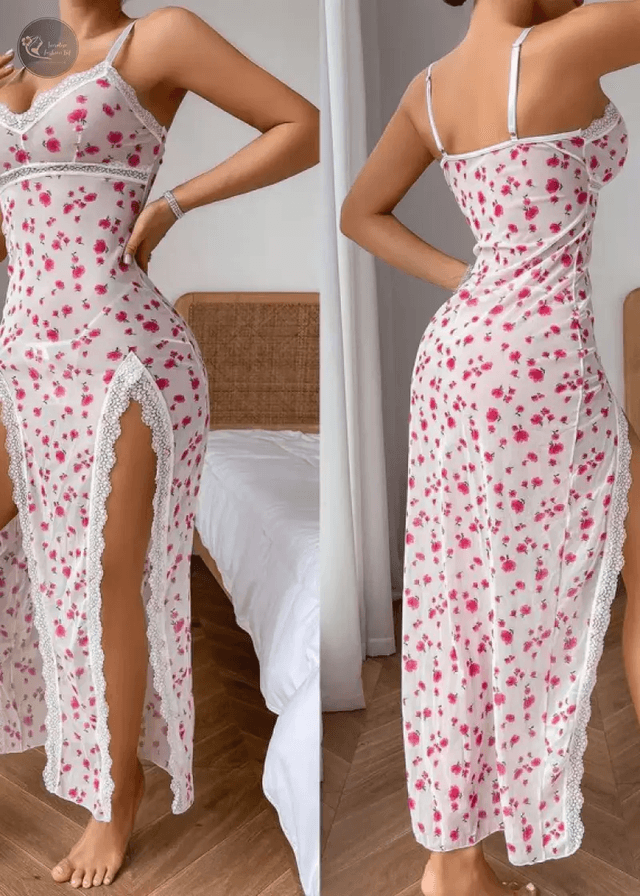 Sexy Leopard Print Nightgown Satin V-Neck Lace Trim Dress With Hight Side Slit Contrast Design Women's Sleepwear Nightshirt Pjs_img_2