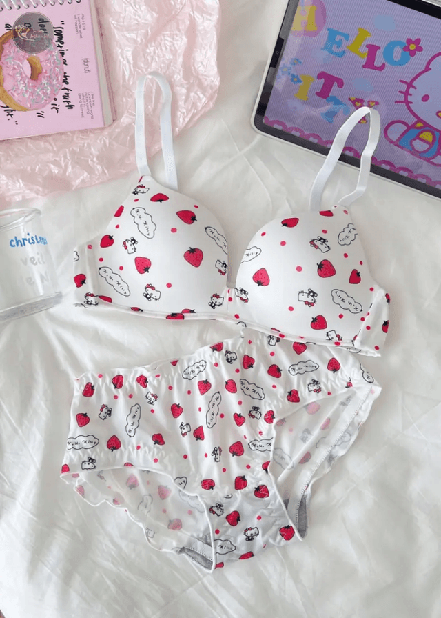 Sanrio Cartoon Character Hello Kitty Wireless Underwear Woman Cute Small Breast Push Up Comfortable Bra Panties Set Girls Gift_img_1