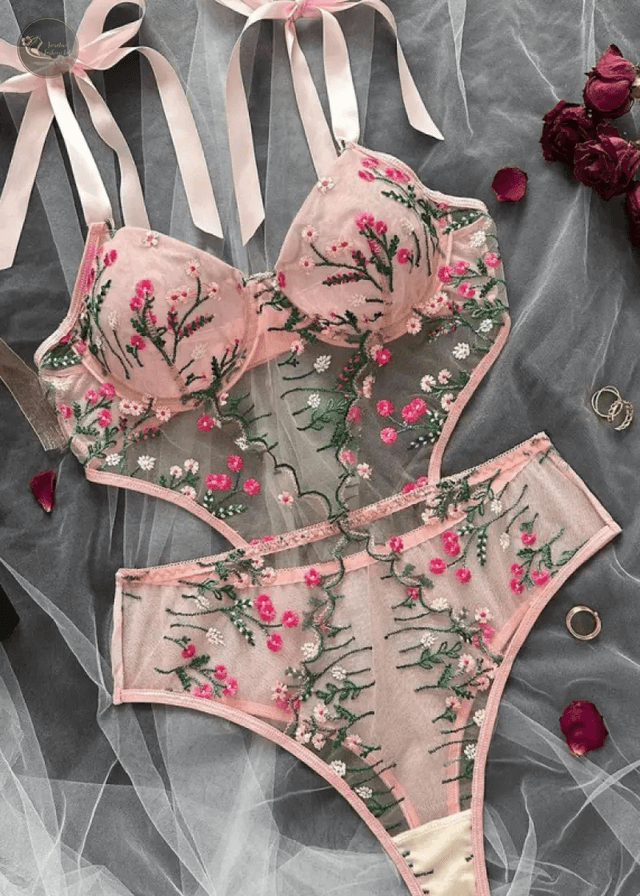 Sweet Embroidered Flower Bra Set Underwear Low Waist Bralette Thong Double Strap Lace Lingerie Set Sexy Summer Comfort Homewear_img_2