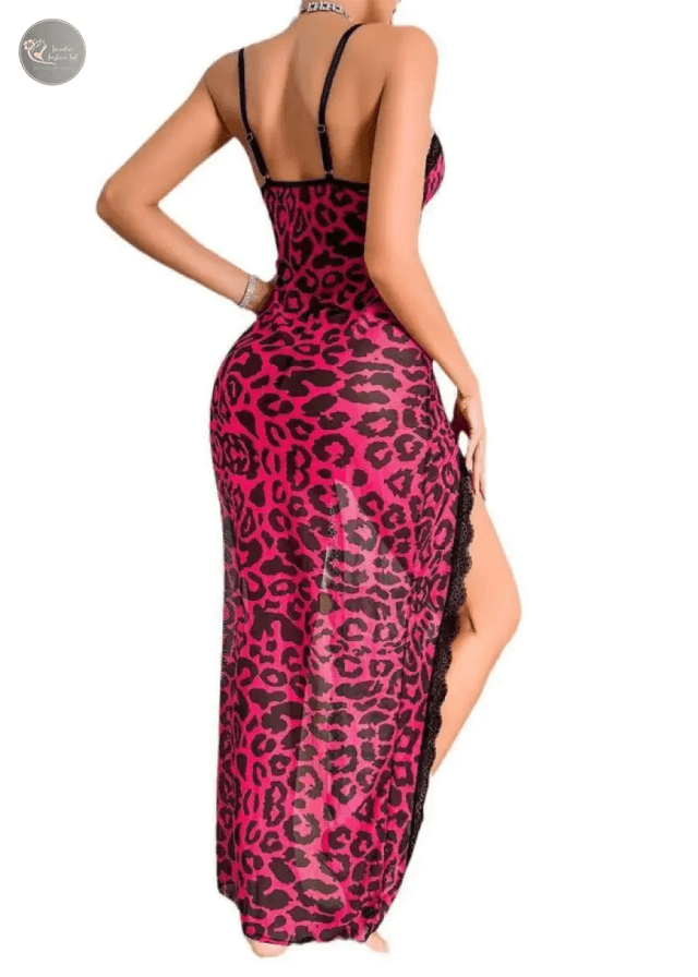 Sexy Leopard Print Nightgown Satin V-Neck Lace Trim Dress With Hight Side Slit Contrast Design Women's Sleepwear Nightshirt Pjs_img_3