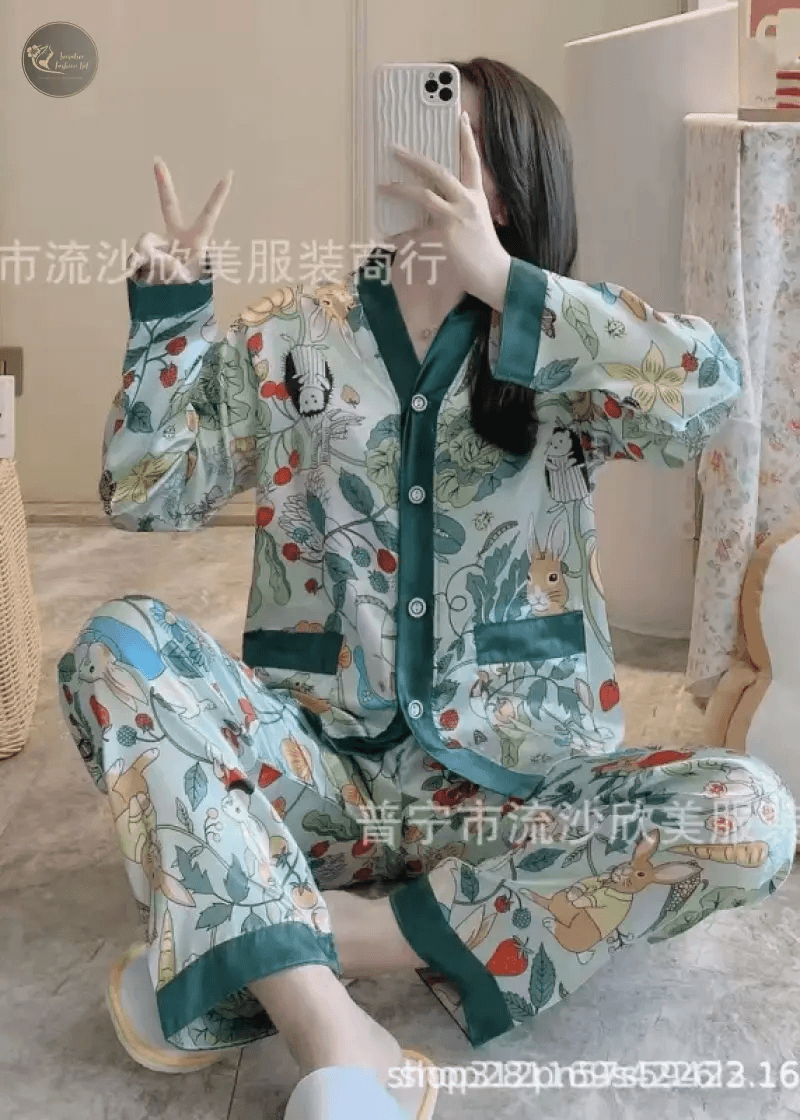 2025 Satin Silk Pajamas Set Women Cartoon Printed Full Sleeve Sleepwear Pijamas Suit Homewear 2 Pieces Loungewear Pjs Plus Size
