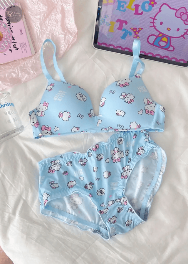 Sanrio Cartoon Character Hello Kitty Wireless Underwear Woman Cute Small Breast Push Up Comfortable Bra Panties Set Girls Gift_img_2