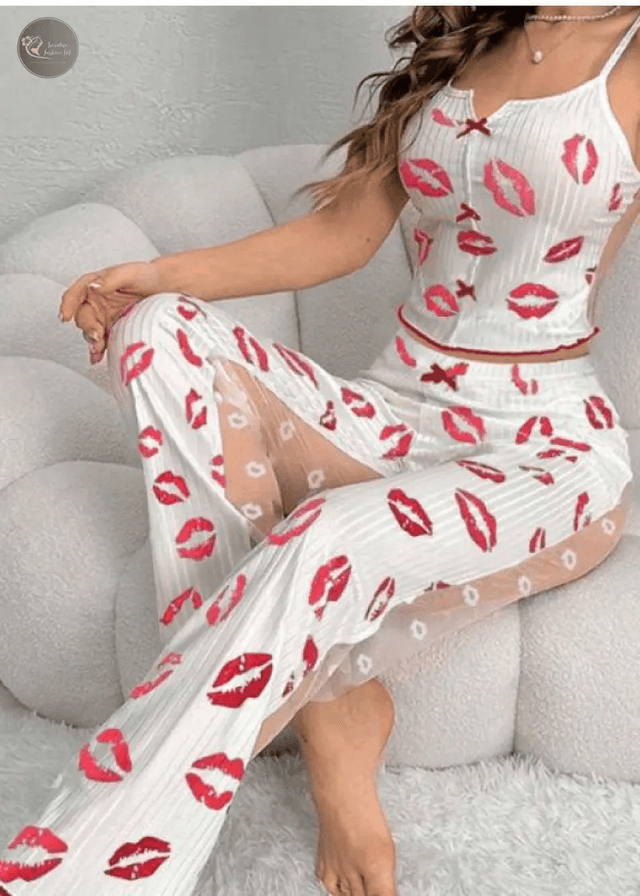2 Pcs/Set Women Vest Pants Suit Bow Heart Print Shirring Edge Top Mesh Trousers Homewear Sleepwear Outfit Summer Loungewear_img_0