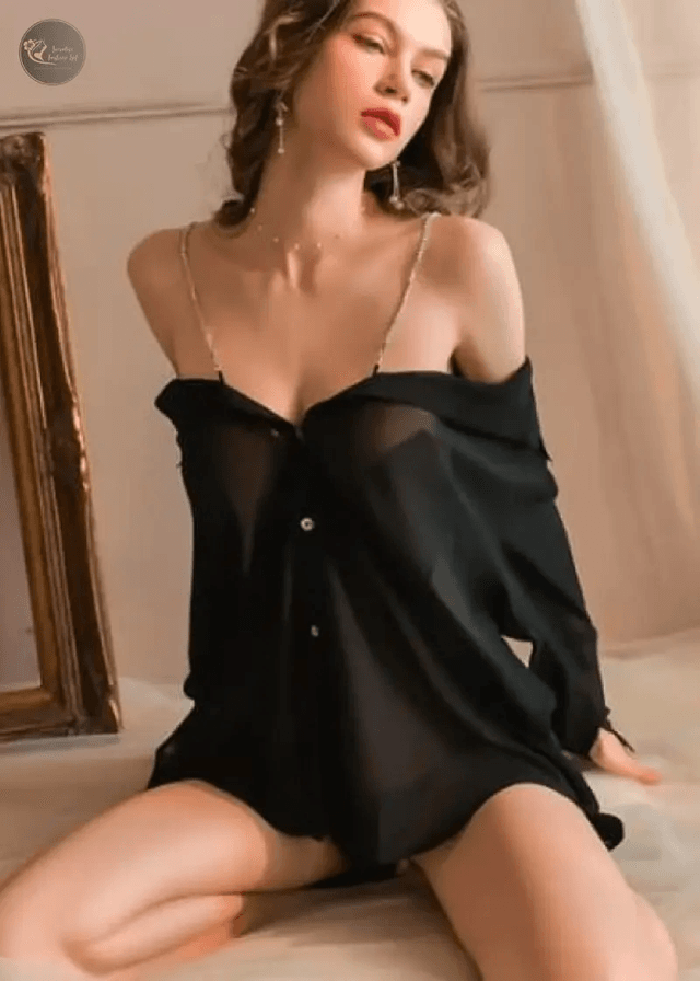 Ladies Sexy Solid Short Chiffon Mesh Button Boyfriend Shirt White See-through Temptation Long-sleeved Bed Couple Teasing Pajamas_img_11