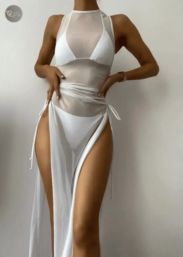 Sexy Sleeveless Mesh Bikini Cover Up Green White Dress 3 Piece Swimsuit Beach See Through Beach Bathing Suit Thong Swimwear 2024_img_4