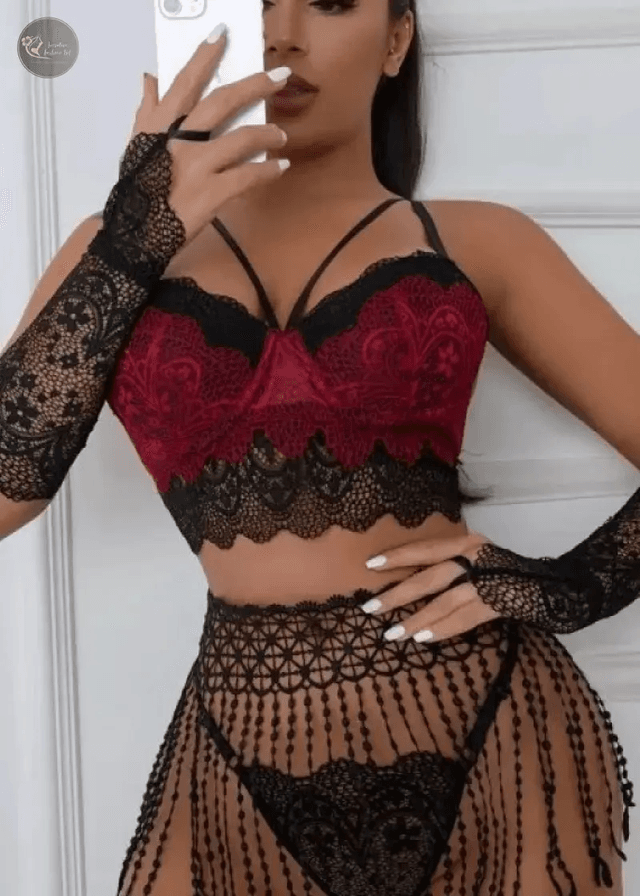 Lady's Sexy Lace Transparent Sheer Tassel Lingerie Set Embroidery and Applique Decorated Chiffon Woven Thong Bra Panty_img_5