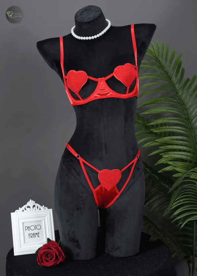 Valentine Boudoir Lingerie Set PushUp Open Bra Heart Design Lace Trim Seductive Underwear for Women_img_5