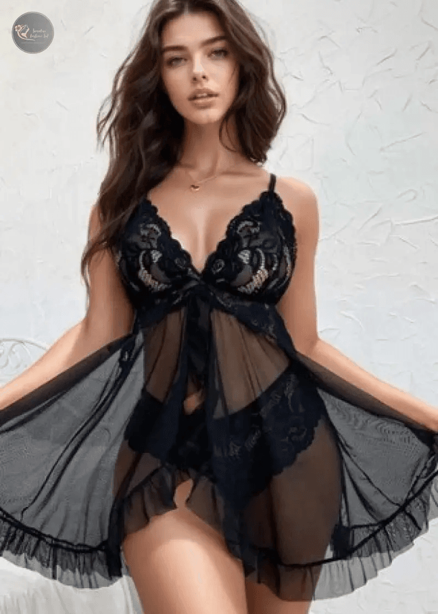 Sexy Lace Lingerie Set Women's Babydoll Nightgown & Panty Romantic Ruffle Trim Adjustable Spaghetti Straps_img_2