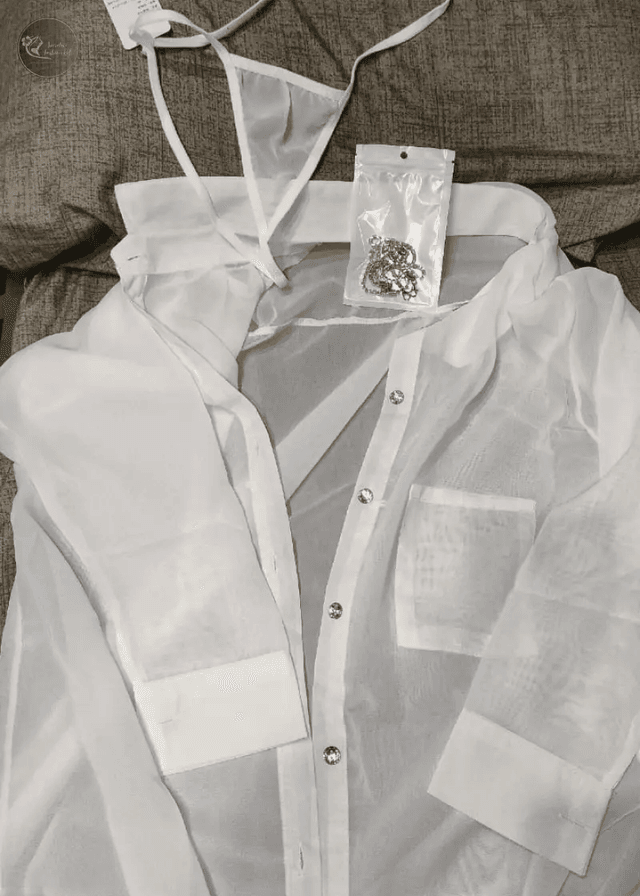 Ladies Sexy Solid Short Chiffon Mesh Button Boyfriend Shirt White See-through Temptation Long-sleeved Bed Couple Teasing Pajamas_img_6