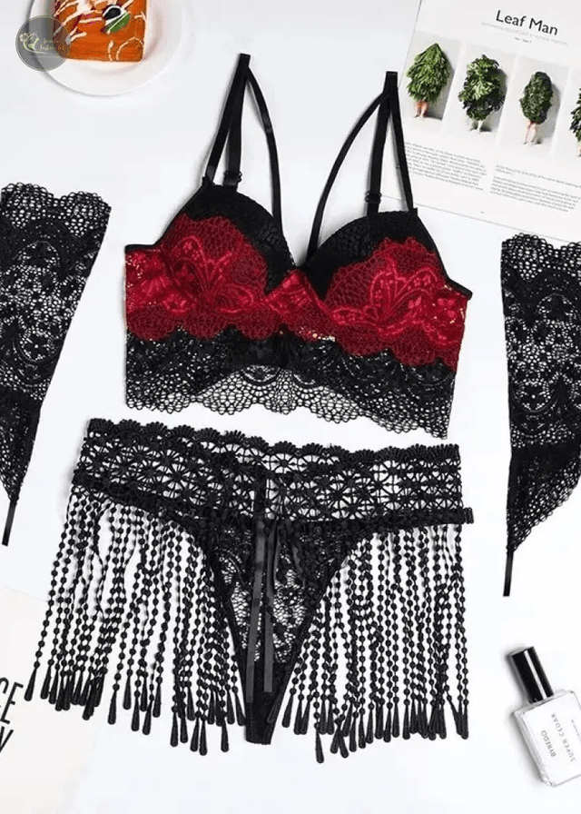 Lady's Sexy Lace Transparent Sheer Tassel Lingerie Set Embroidery and Applique Decorated Chiffon Woven Thong Bra Panty_img_11